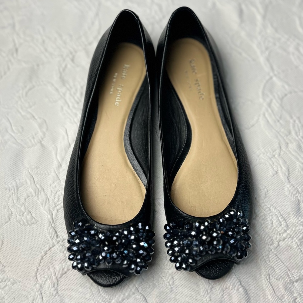 Kate Spade Fierce Black Peep-Toe Flats Beaded